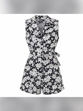 Vintage Expressions Black & White Floral Sleeveless Tie-Waist Romper